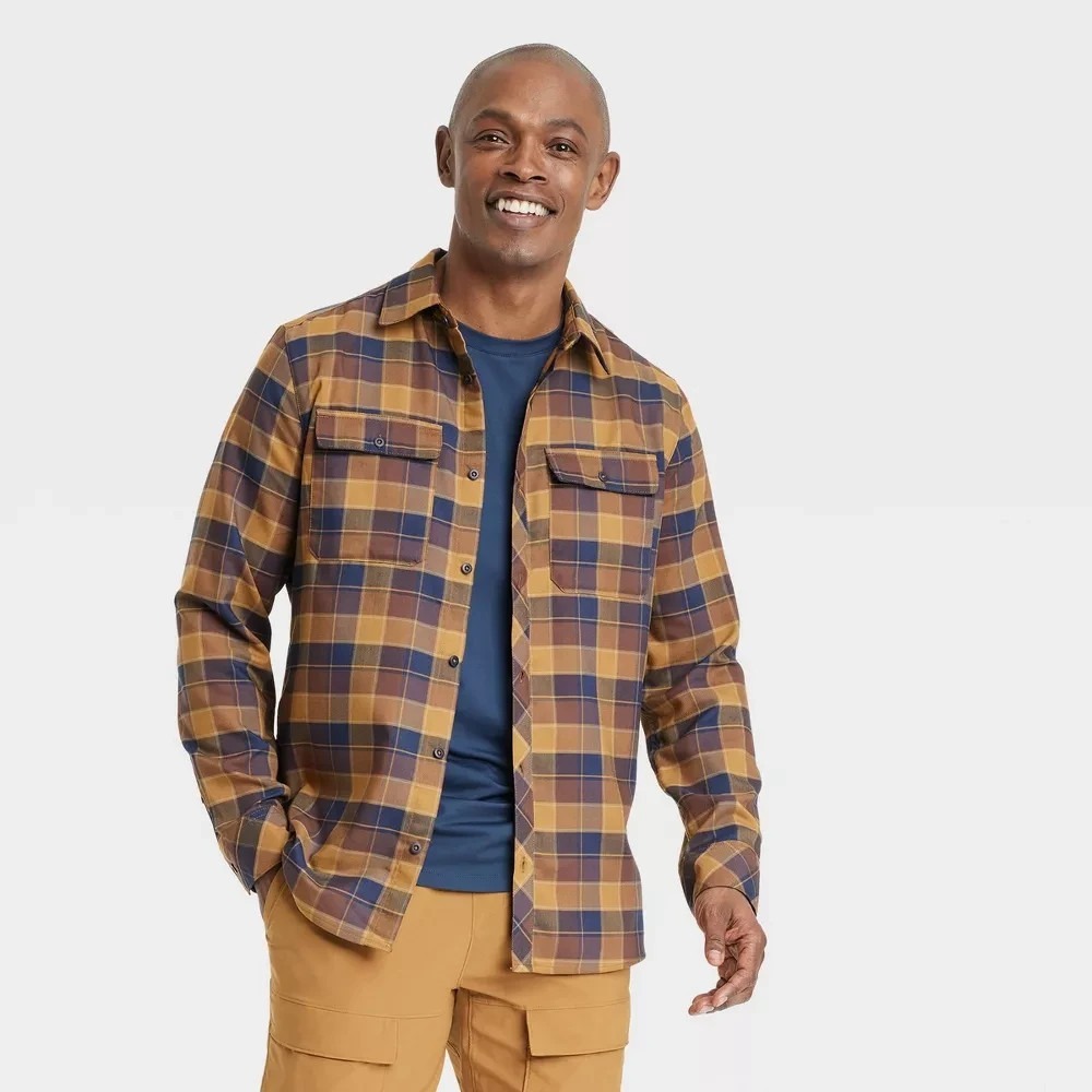 Men's Brown/Navy Long Sleeve Flannel Shirt - All In‎ Motion Size S